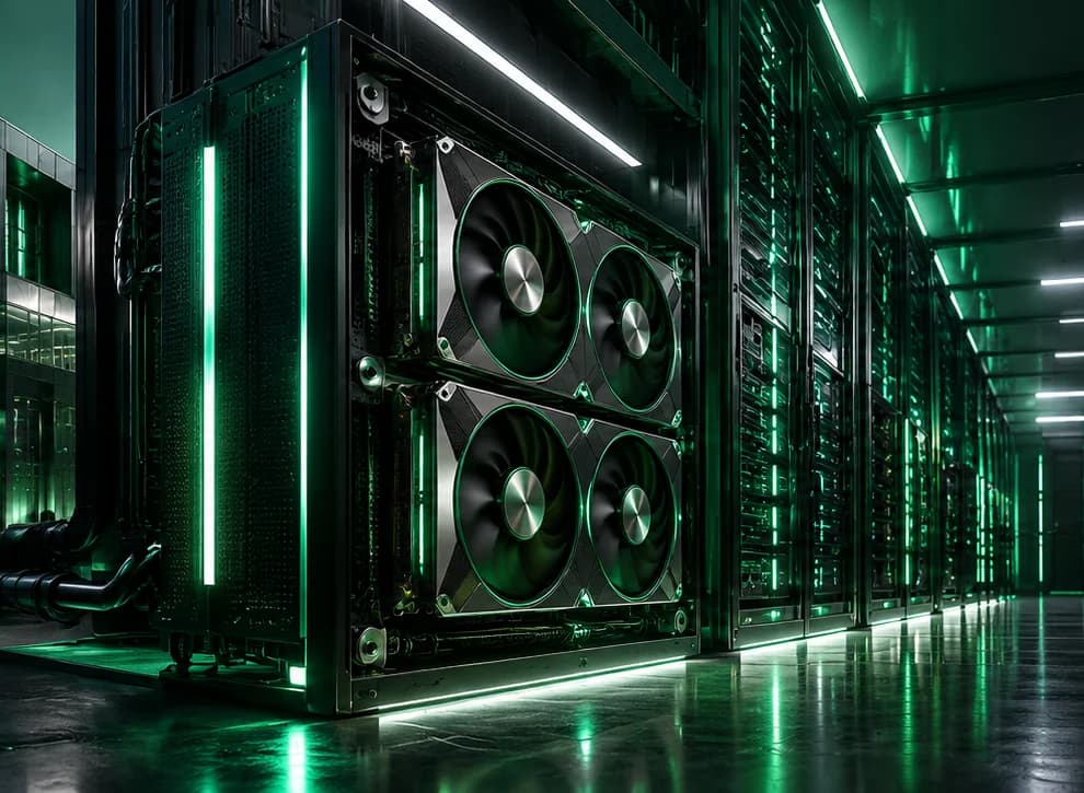 Rows of GPU servers lit in green inside a data center